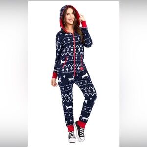 Tipsy Elves Fair Isle Navy Jumpsuit Christmas Reindeer Fleece Womens Size Medium